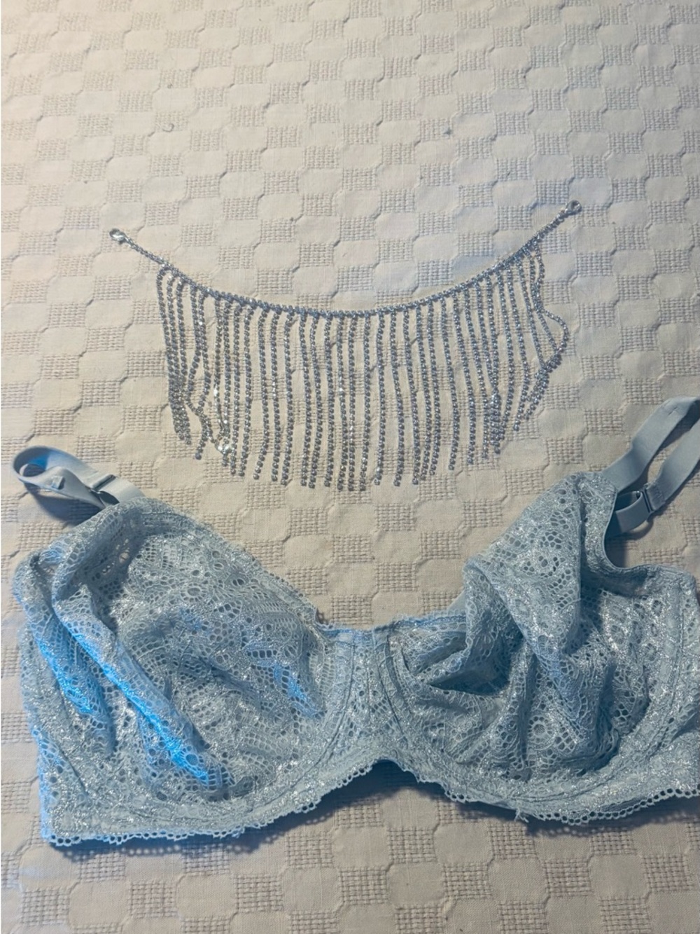 Cacique Light Blue Lace Underwire Bra with Rhinestone Fringe Accent